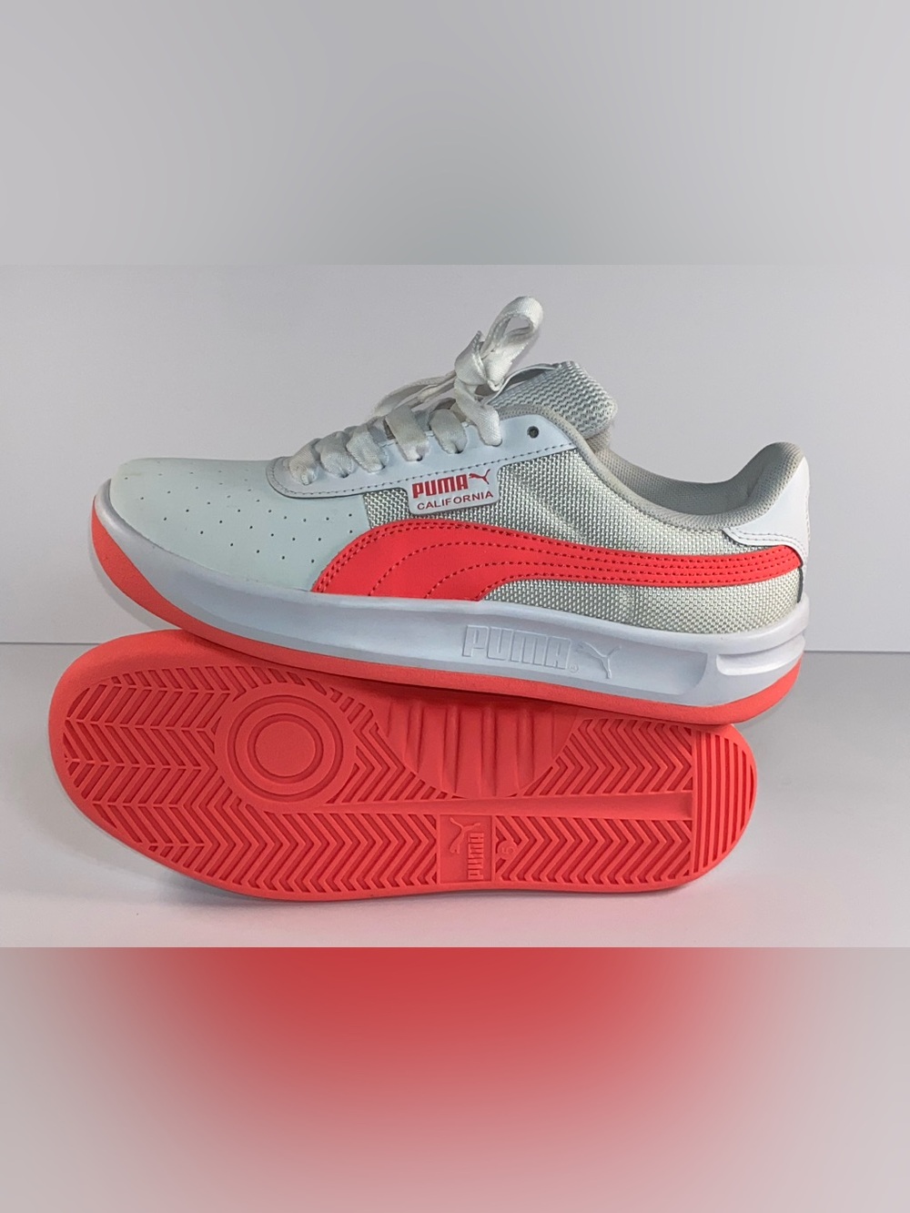 Puma California Low-Top Sneakers in White & Coral Pink
